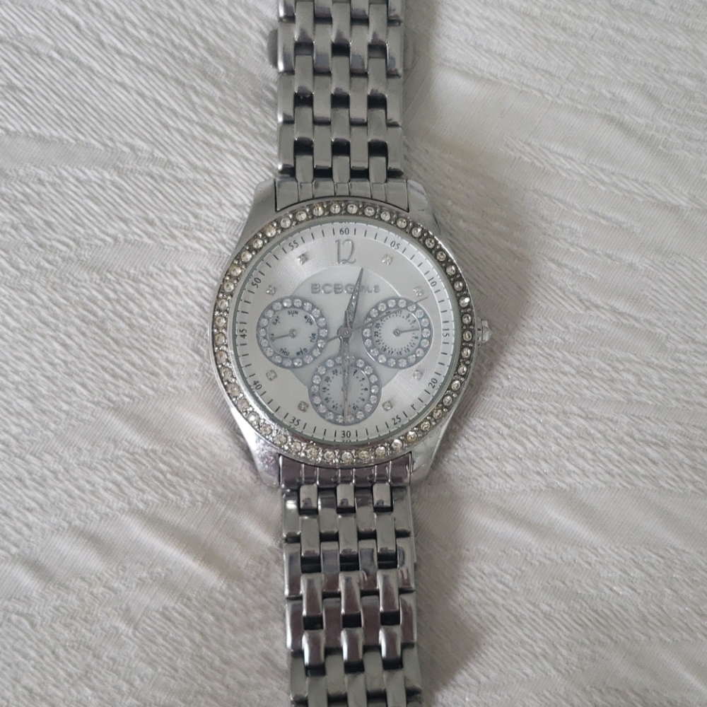 BCBG silver watch with cz